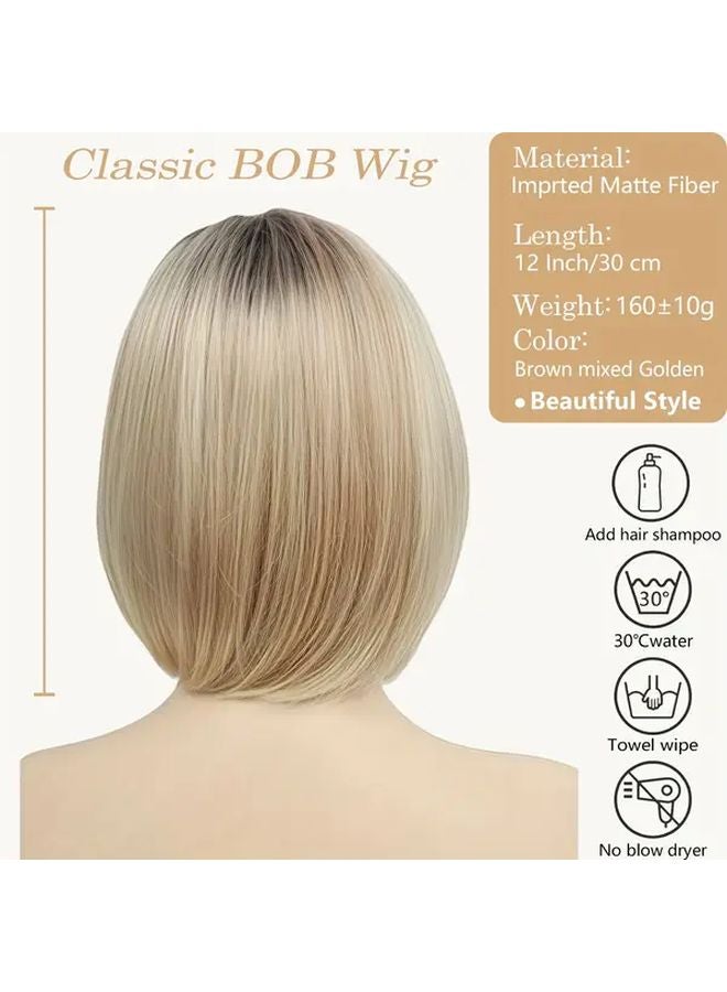 Brown Golden Blonde Short Wavy Bob Wig 12 Inch No Lace Glueless Heat Friendly Synthetic - Image 4